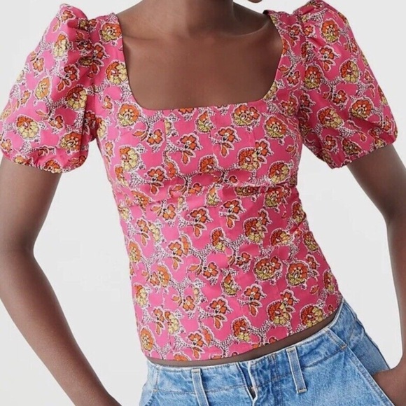 J. Crew Tops - J. Crew Puff-Sleeve Square-neck Top in Ratti Pink Blooms Print Size 00 NWT
